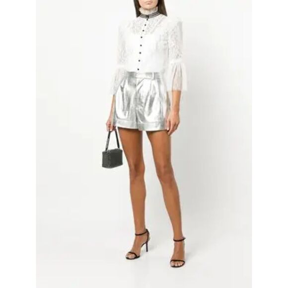 Alice + Olivia Faux Leather Pleated Cuff Silver Shorts size 2 - Picture 2 of 8